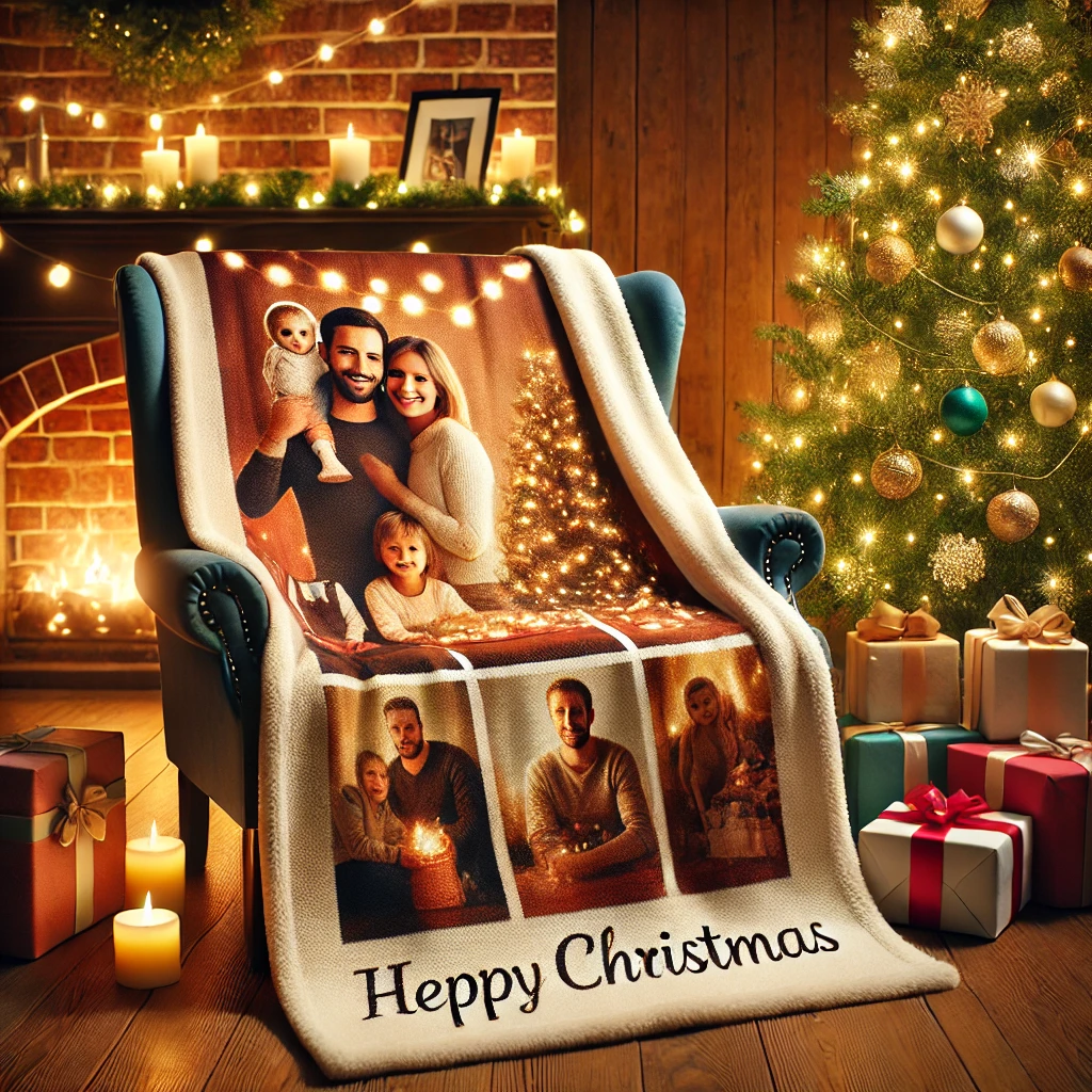 A cozy scene showcasing a soft, personalized photo blanket draped over a chair in a warmly lit living room. The blanket features a heartwarming family