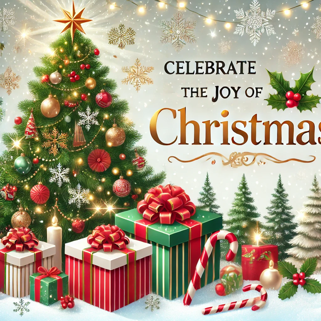 A festive Christmas banner featuring a decorated Christmas tree with twinkling lights, gift boxes in red and green wrapping, and a snowy.Celebrate the Joy of Christmas: Perfect Gifts and Decorating Ideas