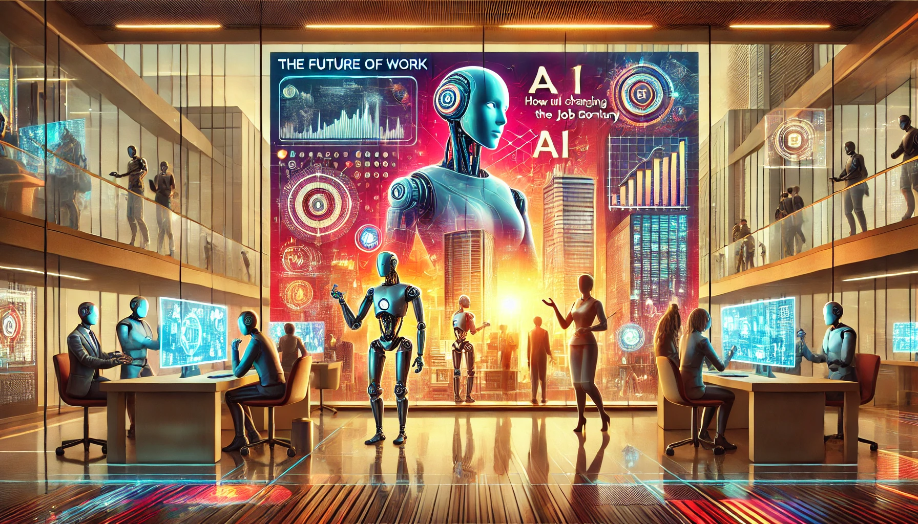 A futuristic banner illustration for 'The Future of Work_ How AI is Changing the Job Market in the 21st Century