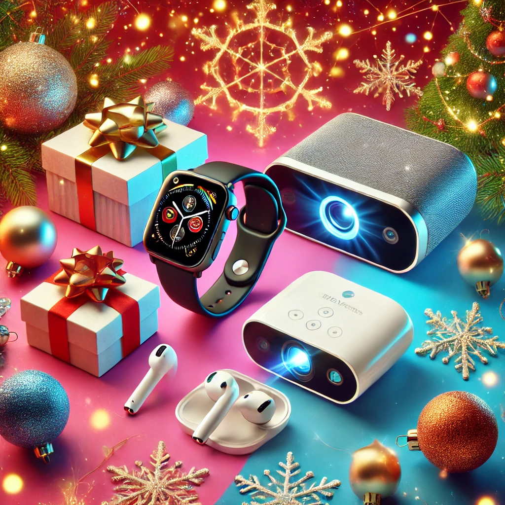 A vibrant flat-lay composition of tech gadgets perfect for Christmas gifts, featuring a sleek smartwatch, wireless earbuds, a mini projector, and a sm